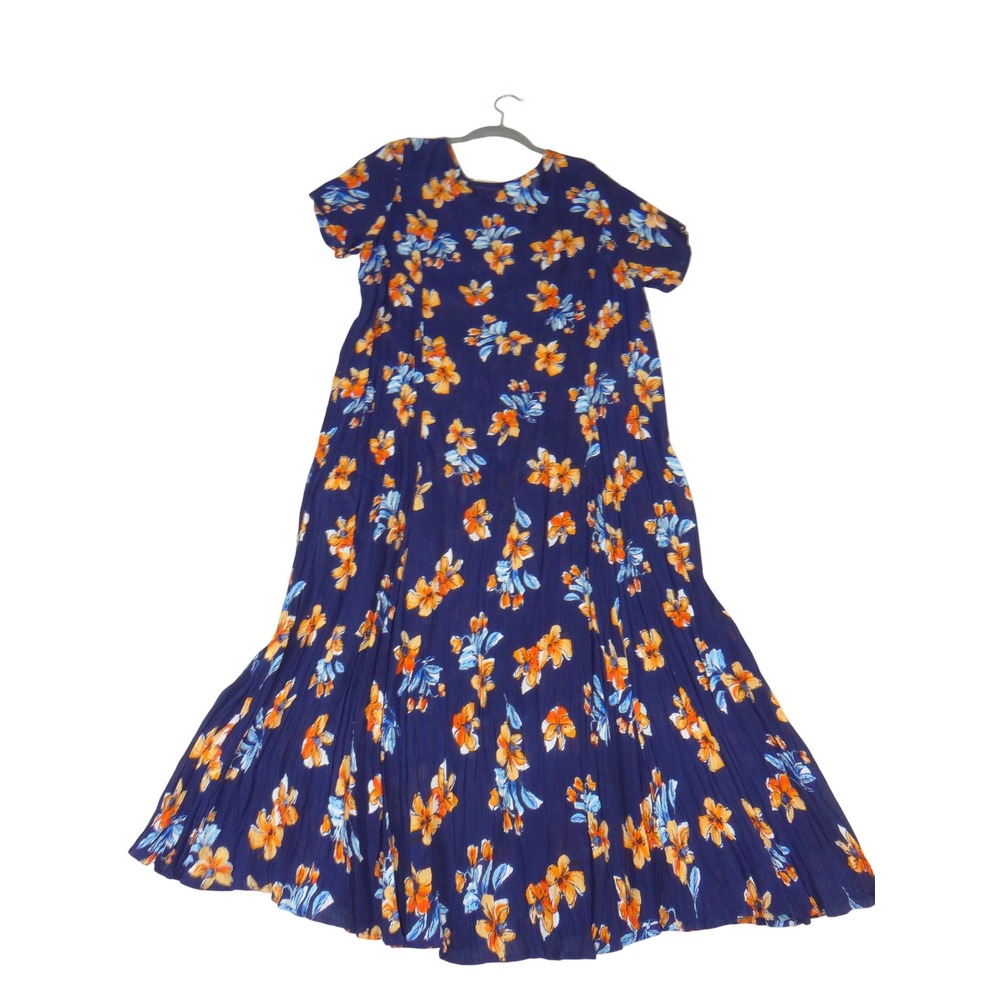Woman Within Womens Blue Floral Crinkle Maxi Dress Plus 14/16 M Petite Short Slv